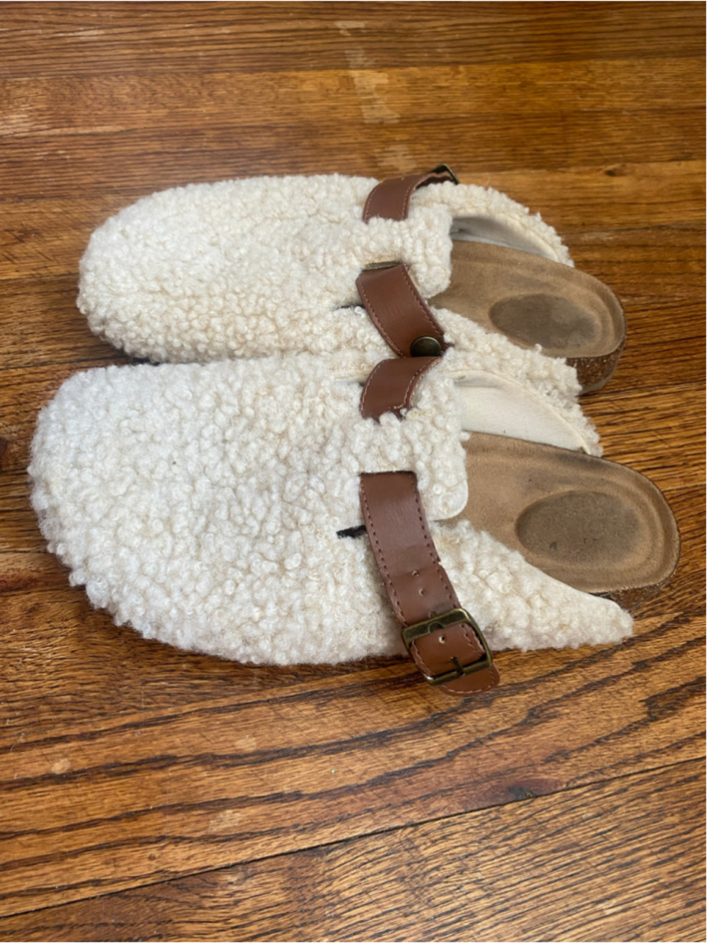 Cream Sherpa Clog Mules W8 Buckle Strap Cork Footbed Boho Cozy Cottagecore Shoes
